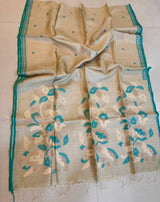 Muga withSea Green border pure tusser silk handwoven jamdani saree - Tamal Boutique