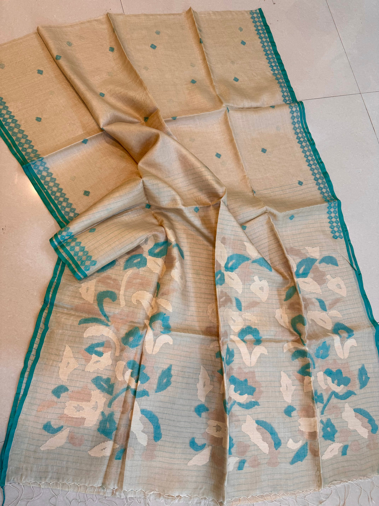 Muga withSea Green border pure tusser silk handwoven jamdani saree - Tamal Boutique