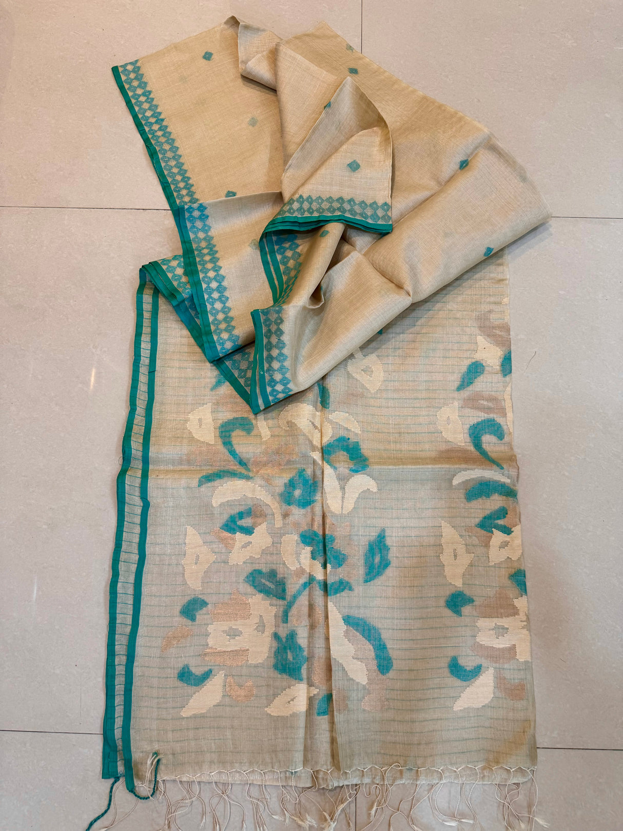 Muga withSea Green border pure tusser silk handwoven jamdani saree - Tamal Boutique