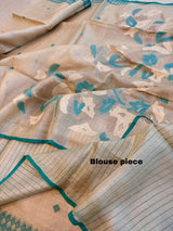 Muga withSea Green border pure tusser silk handwoven jamdani saree - Tamal Boutique