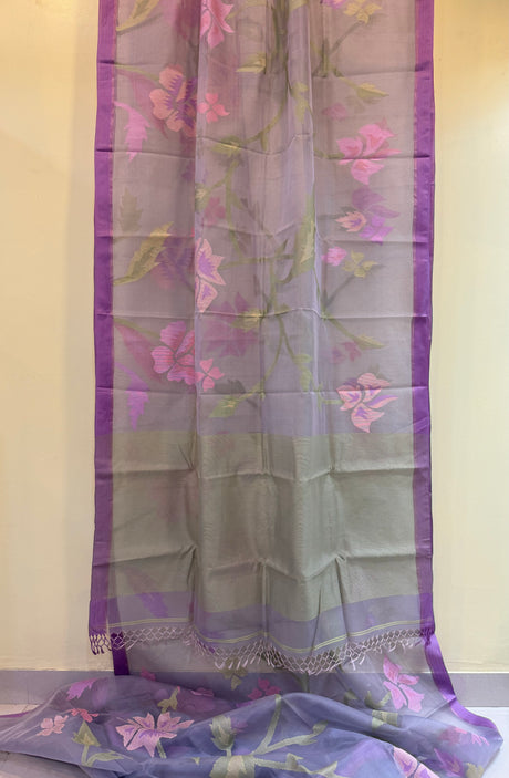 Grey with purple border allover muslin silk handwoven jamdani saree