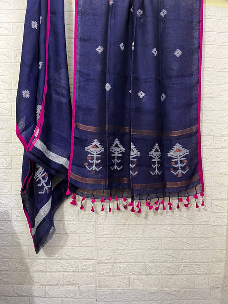 Indigo with Rani border linen handwoven kurti & dupatta set
