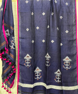 Indigo with Rani border linen handwoven kurti & dupatta set