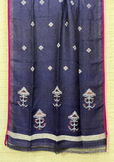 Indigo with Rani border linen handwoven kurti & dupatta set