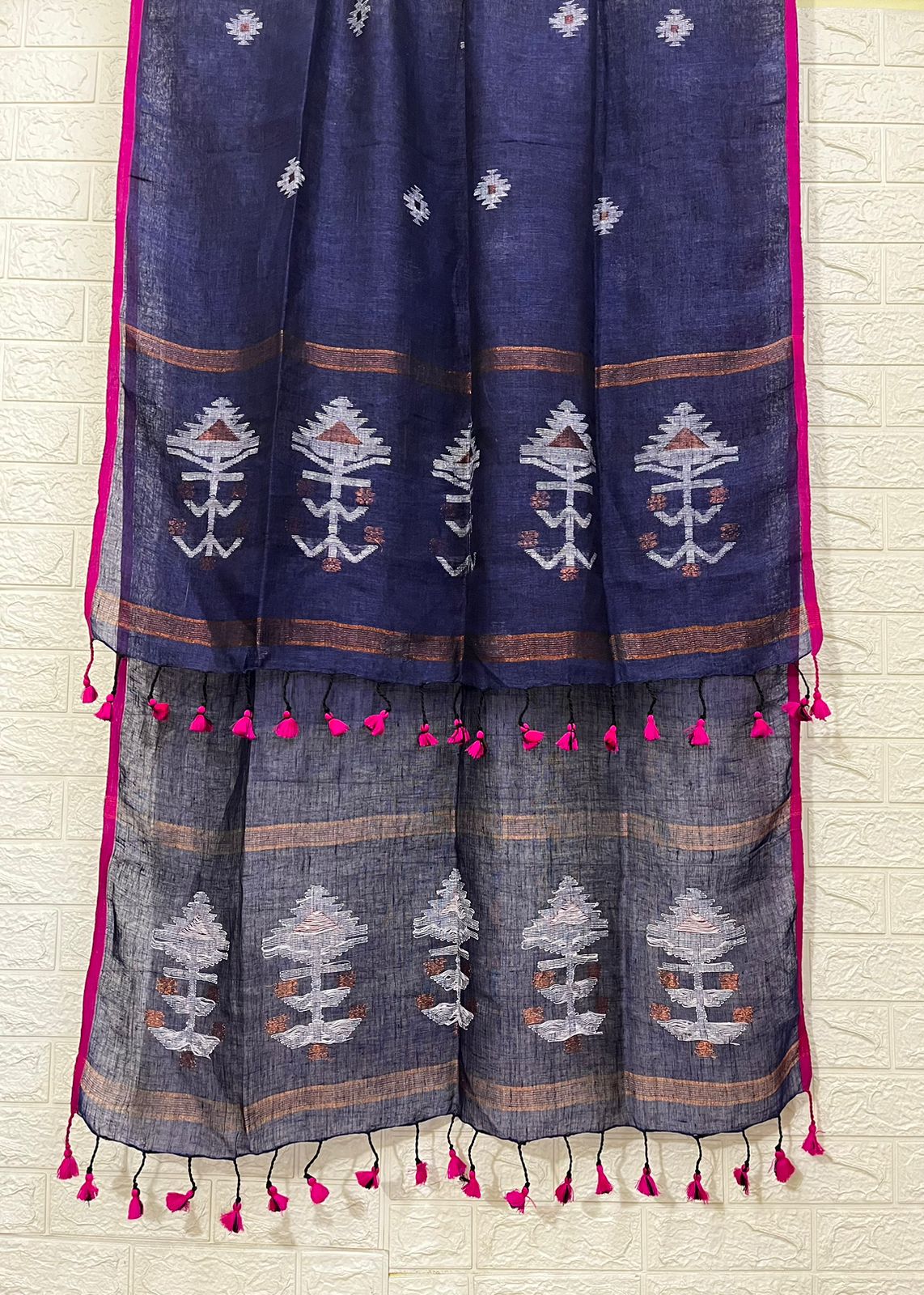 Indigo with Rani border linen handwoven kurti & dupatta set