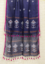 Indigo with Rani border linen handwoven kurti & dupatta set