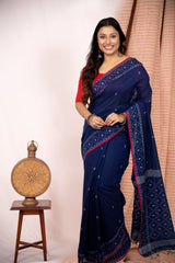Indigo with red border net design cotton handwoven jamdani saree