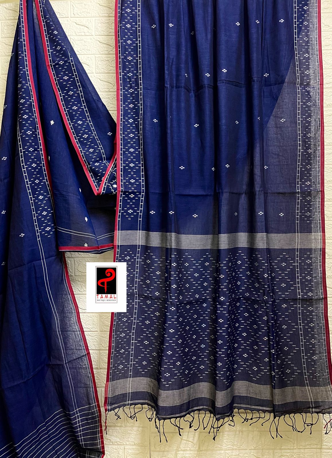 Indigo with red border net design cotton handwoven jamdani saree