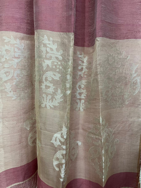 Kashmiri pink with silver zari work pallu silk linen handwoven jamdani saree