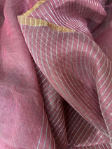 Kashmiri pink with silver zari work pallu silk linen handwoven jamdani saree - Tamal Boutique