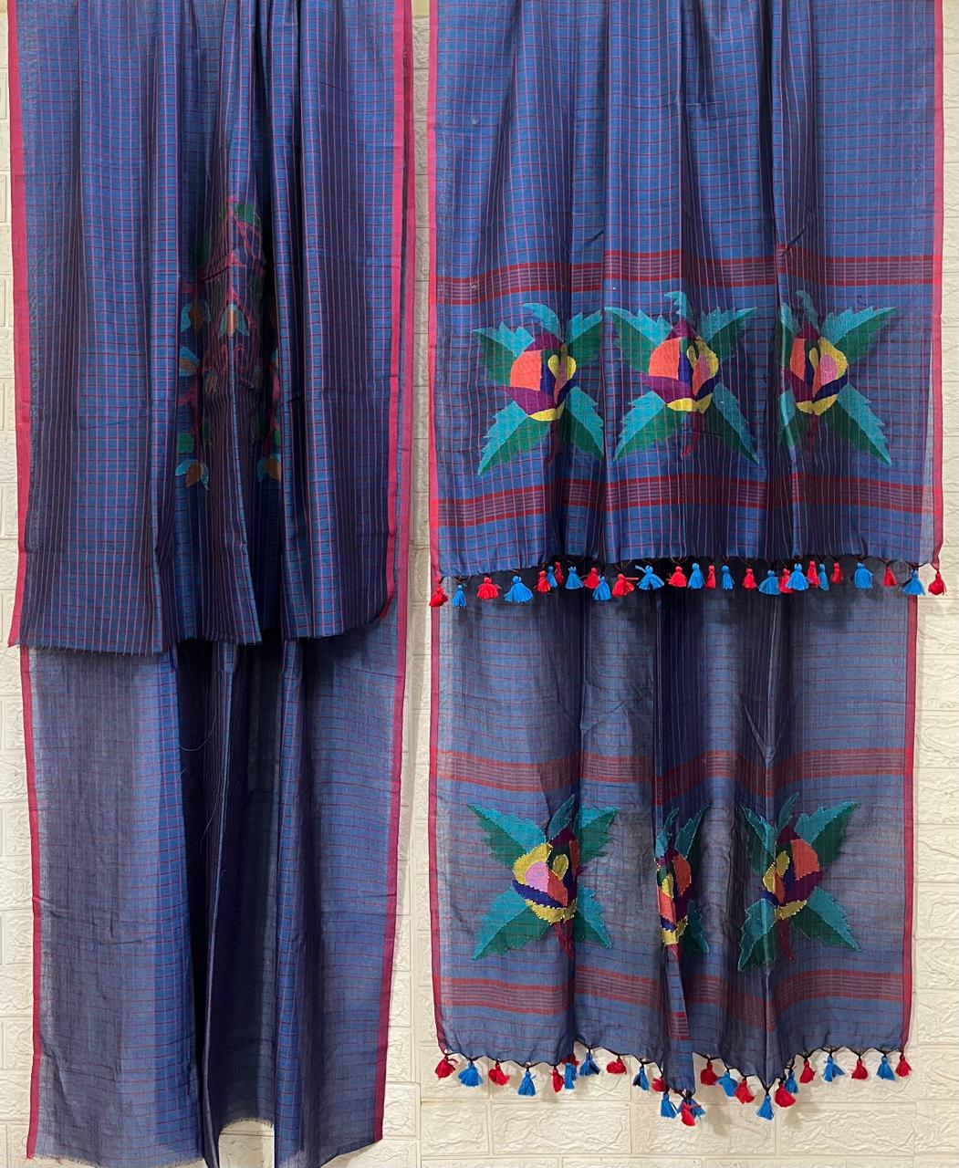 Krishna nil rose motifs checks kurti & dupatta cotton handwoven jamdani set