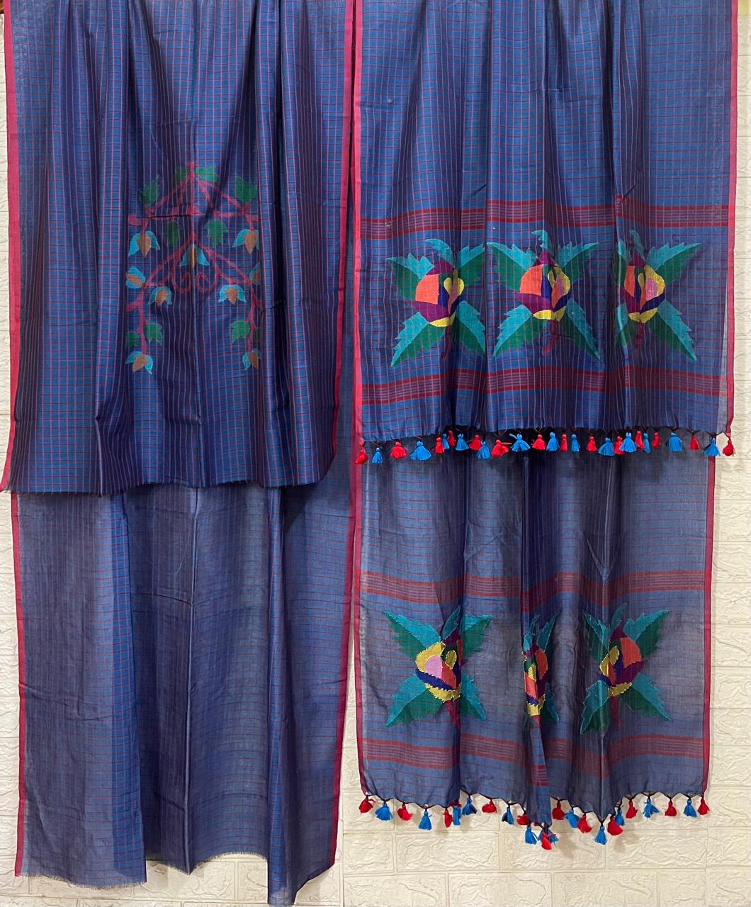 Krishna nil rose motifs checks kurti & dupatta cotton handwoven jamdani set - Tamal Boutique