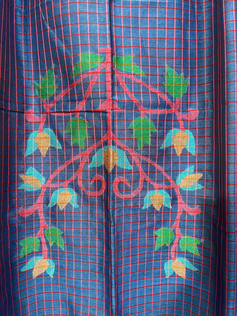 Krishna nil rose motifs checks kurti & dupatta cotton handwoven jamdani set