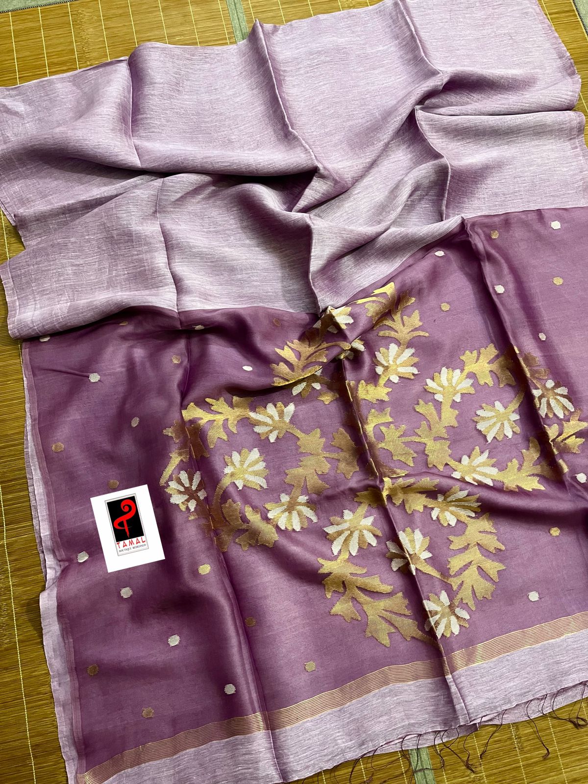 Lavender colour silk linen handwoven jamdani saree - Tamal Boutique