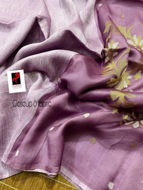 Lavender colour silk linen handwoven jamdani saree - Tamal Boutique