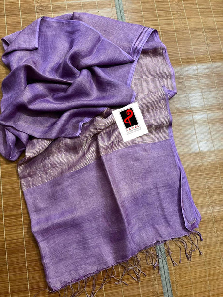 Lavender colour zari linen pallu stripe handloom saree - Tamal Boutique