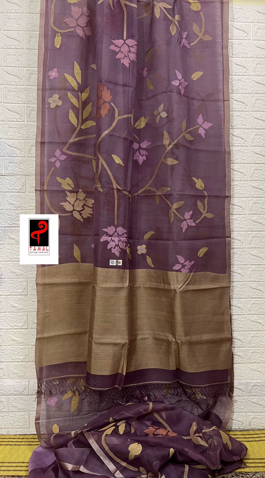 Lavender with multi colour allover floral muslin silk handwoven jamdani saree