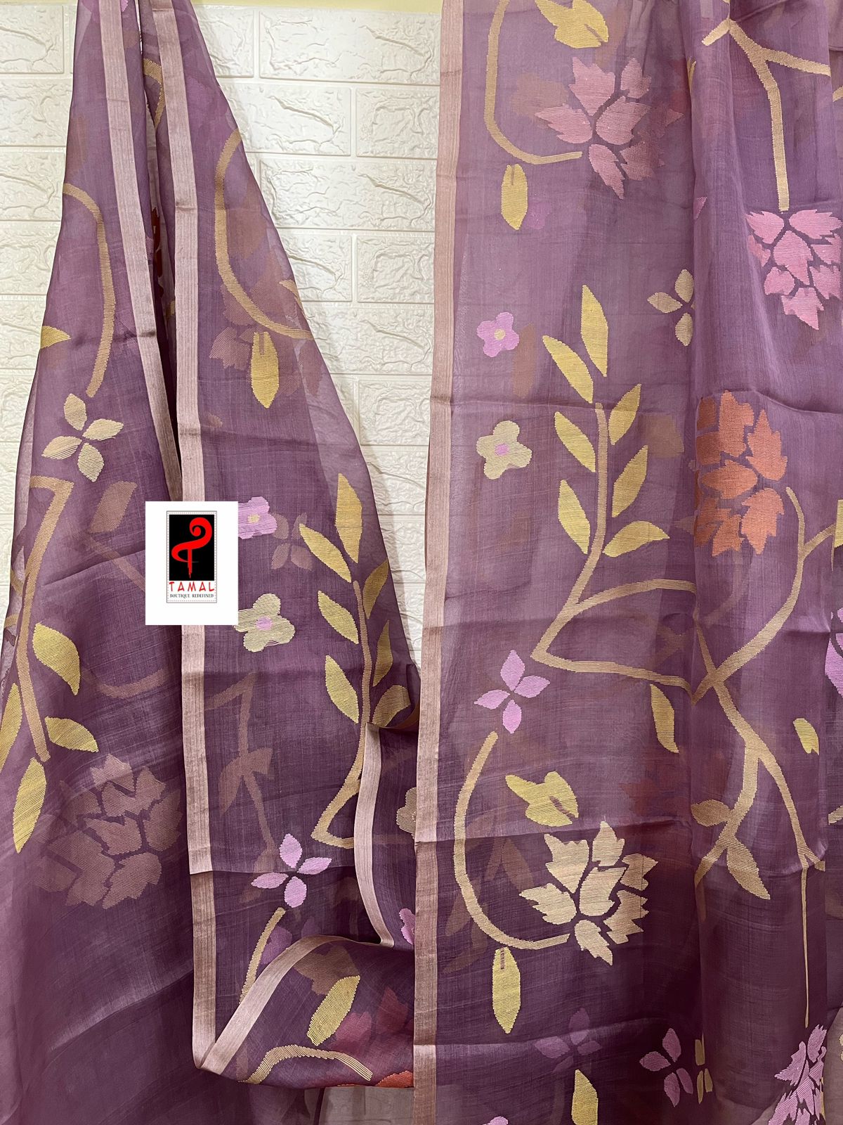 Lavender with multi colour allover floral muslin silk handwoven jamdani saree
