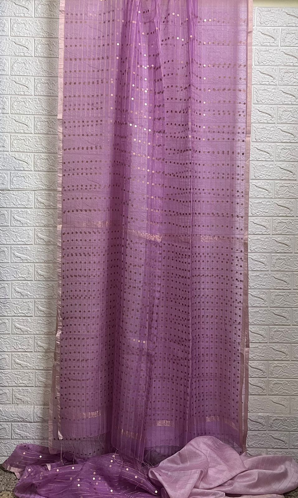 Lavender colour pure muslin organza silk sequins handwoven saree