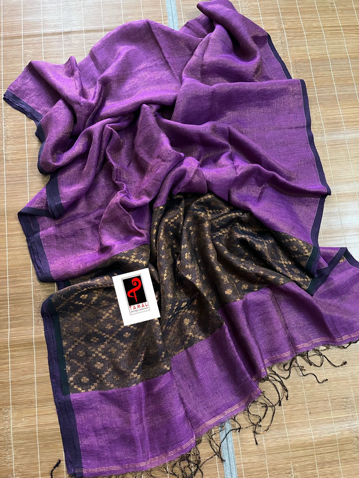 Lavender colour zari linen handloom saree with blouse piece