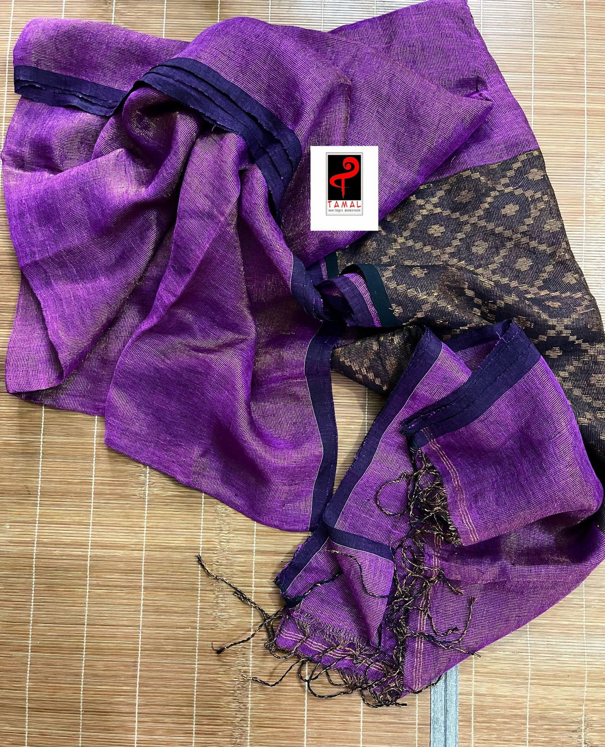 Lavender colour zari linen handloom saree with blouse piece