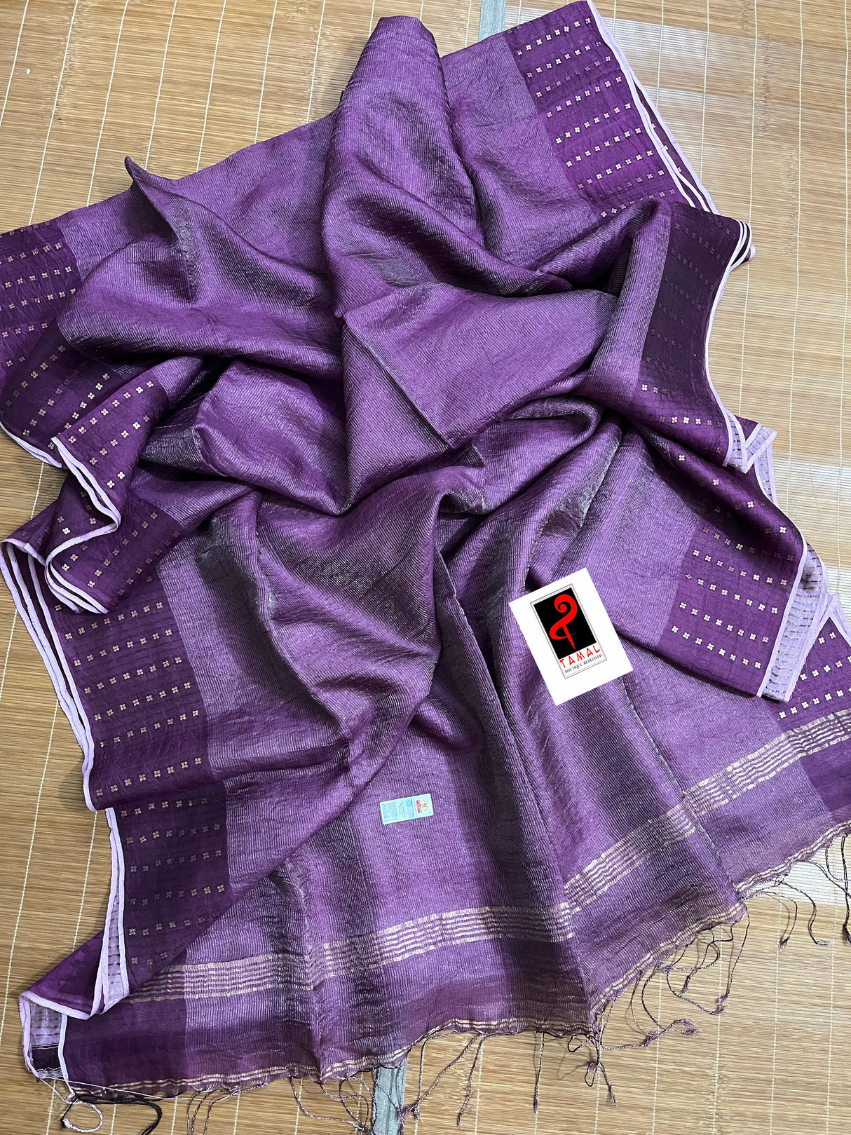 Lavender sequins border noil tusser zari silk handloom saree