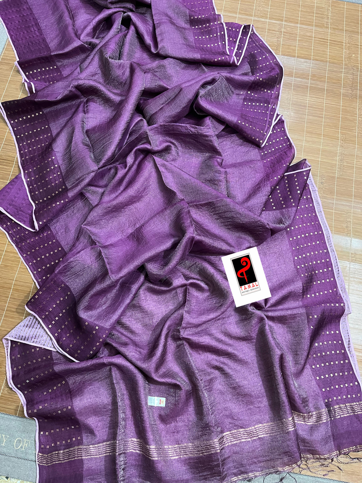 Lavender sequins border noil tusser zari silk handloom saree