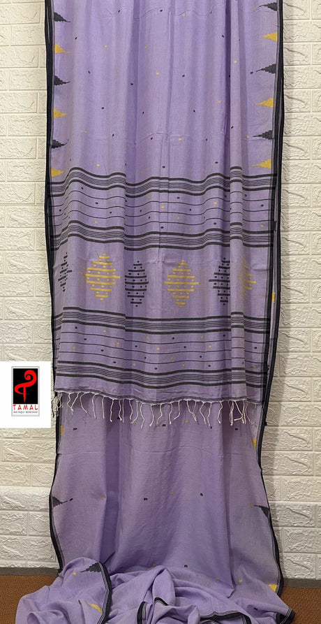 Lavender with black border cotton temple handwoven jamdani saree - Tamal Boutique