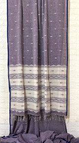 Lavender with blue border fish motifs cotton handwoven jamdani saree - Tamal Boutique