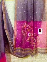 Lavender with hot pink pallu silk linen handwoven jamdani saree