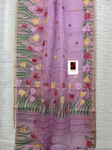 Pink Blue with multi colour tulip handwoven muslin silk jamdani saree