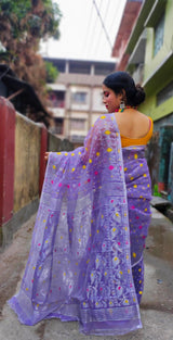 Lavender with multi colour zari soft dhakai jamdani saree