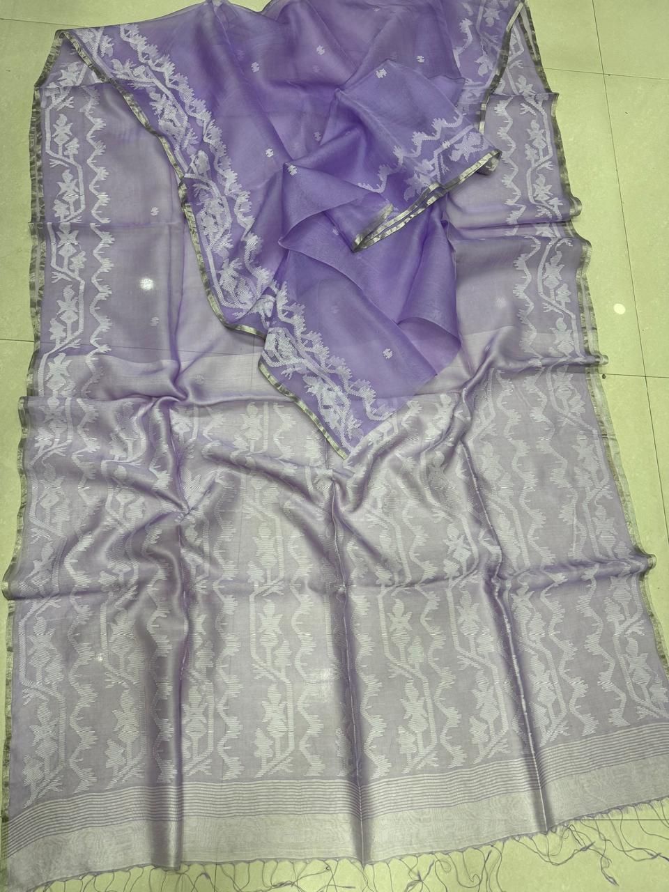 Lavender with silver border traditional handwoven muslin silk jamdani saree