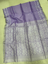 Lavender with silver border traditional handwoven muslin silk jamdani saree