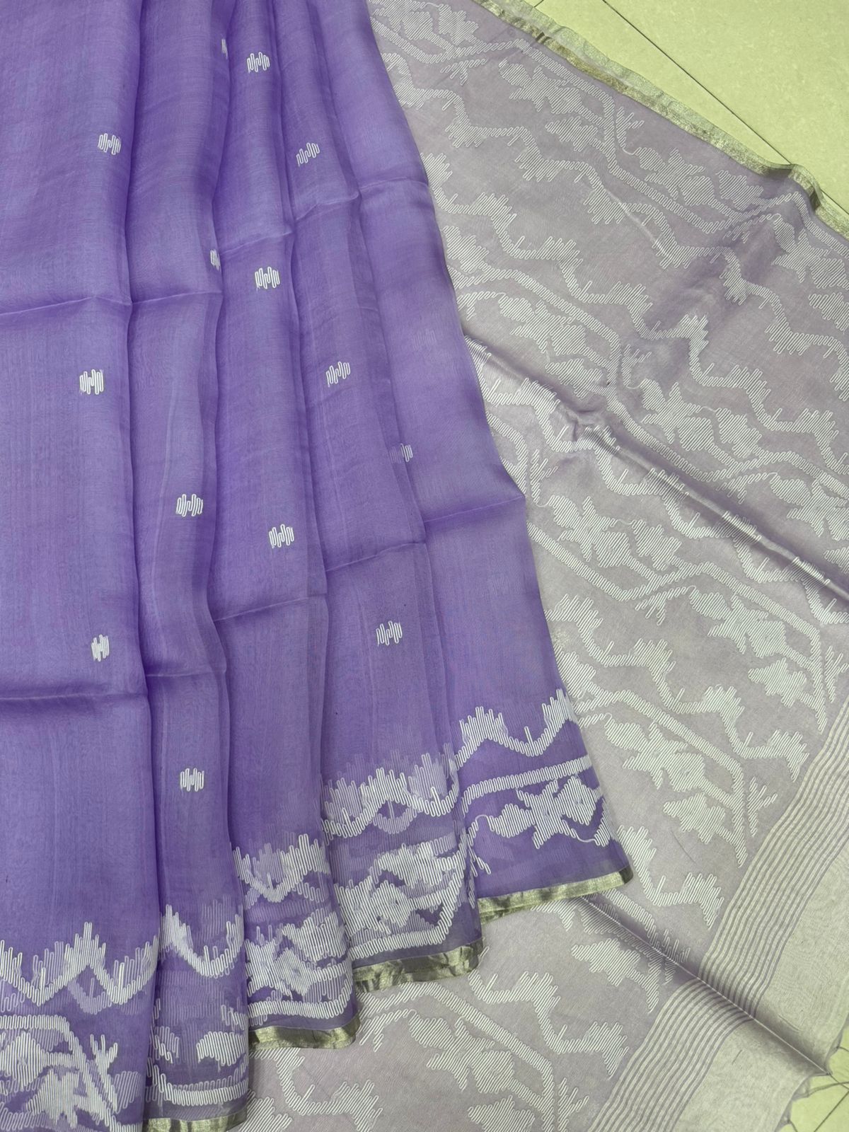 Lavender with silver border traditional handwoven muslin silk jamdani saree