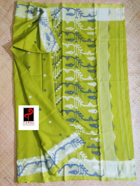 Lemon green multi colour traditional handwoven cotton jamdani saree