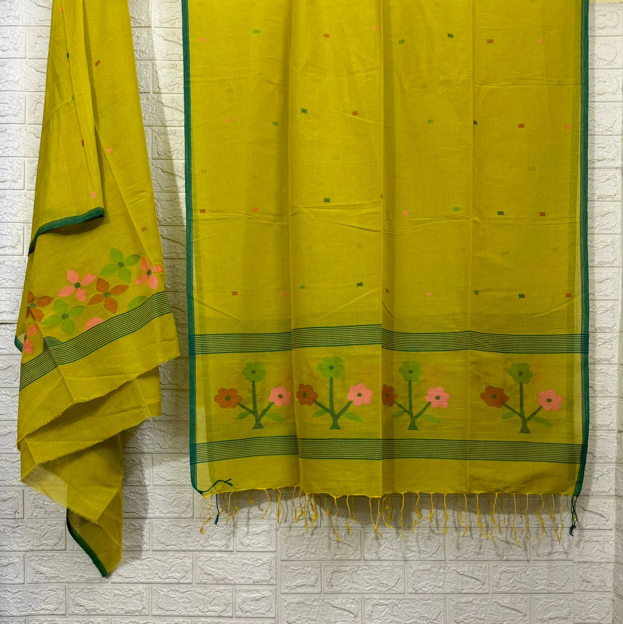 Lemon yellow colour pure cotton handwoven jamdani kurti & dupatta set