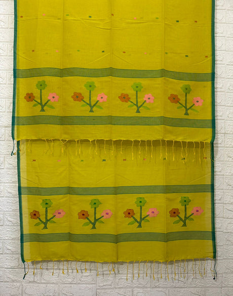 Lemon yellow colour pure cotton handwoven jamdani kurti & dupatta set
