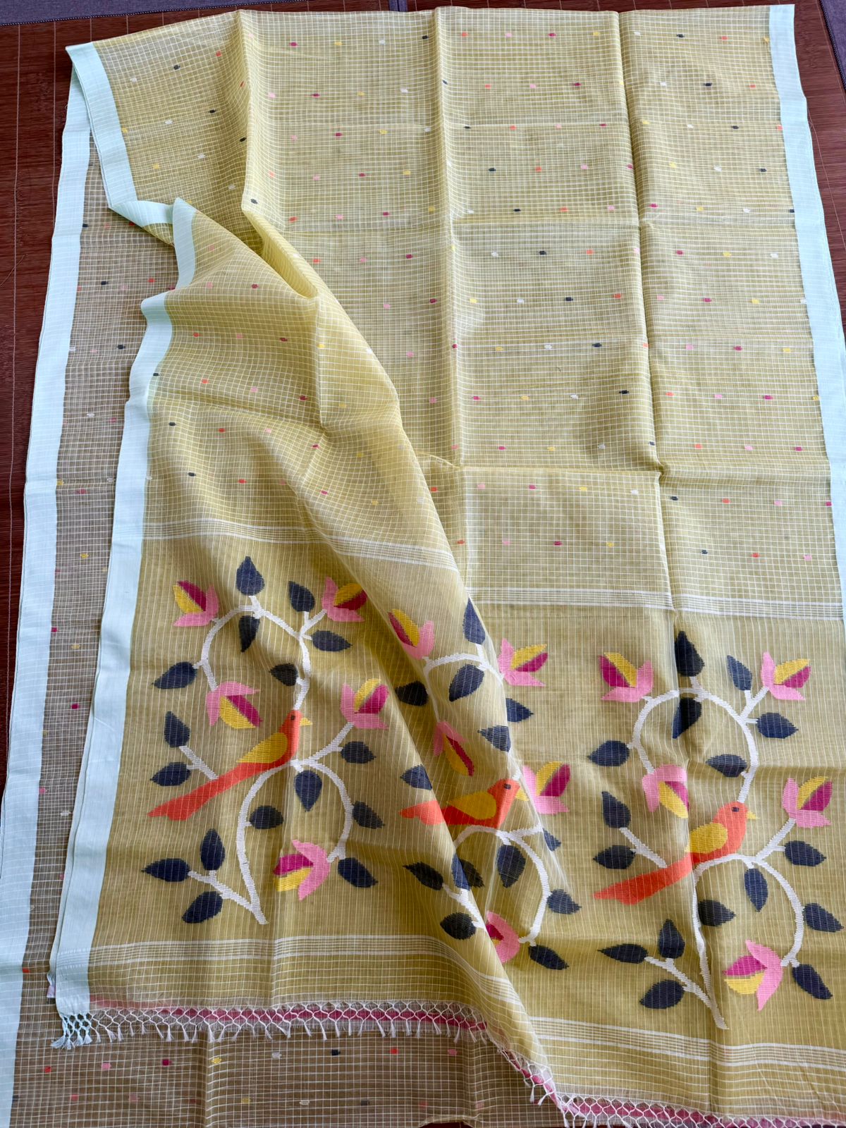 Lemon yellow pure Resham muslin Kota silk handwoven jamdani saree