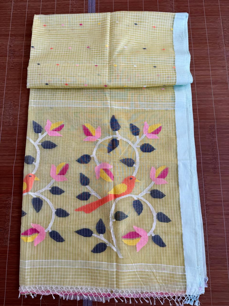 Lemon yellow pure Resham muslin Kota silk handwoven jamdani saree