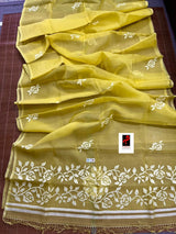 Lemon yellow with white rose motifs handwoven jamdani in muslin silk saree