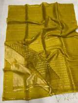 Lemon yellow with zari border sequins handwoven saree