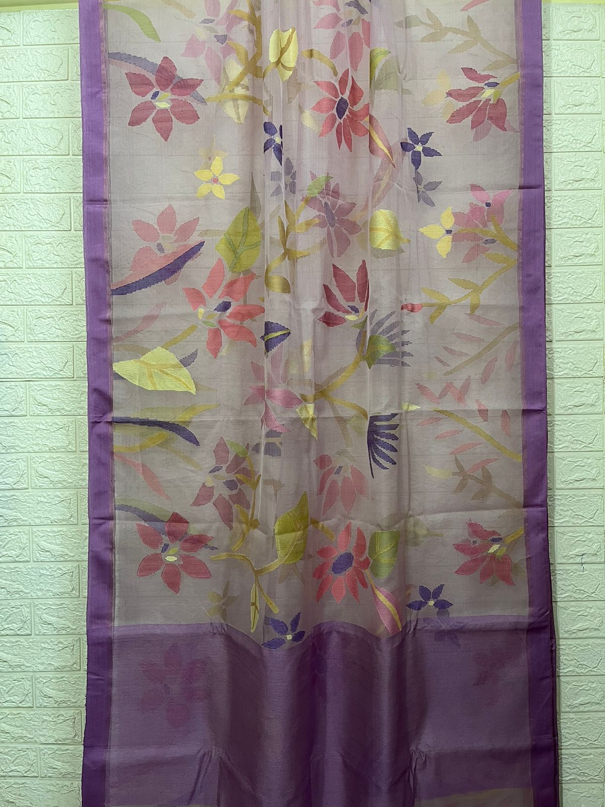 Light Lavender with multi colour allover floral handwoven muslin silk jamdani saree