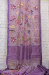 Light Lavender with multi colour allover floral handwoven muslin silk jamdani saree