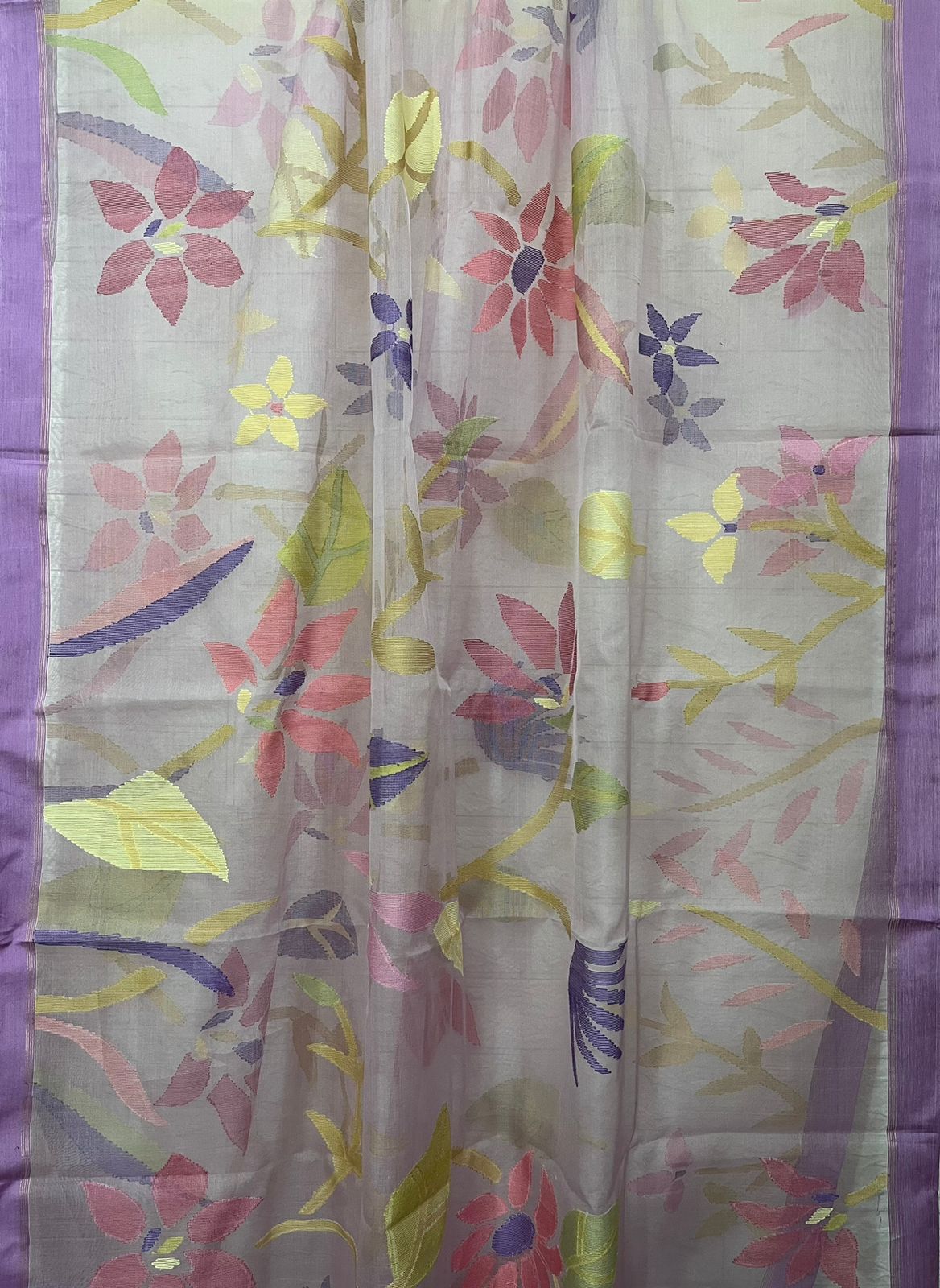 Light Lavender with multi colour allover floral handwoven muslin silk jamdani saree