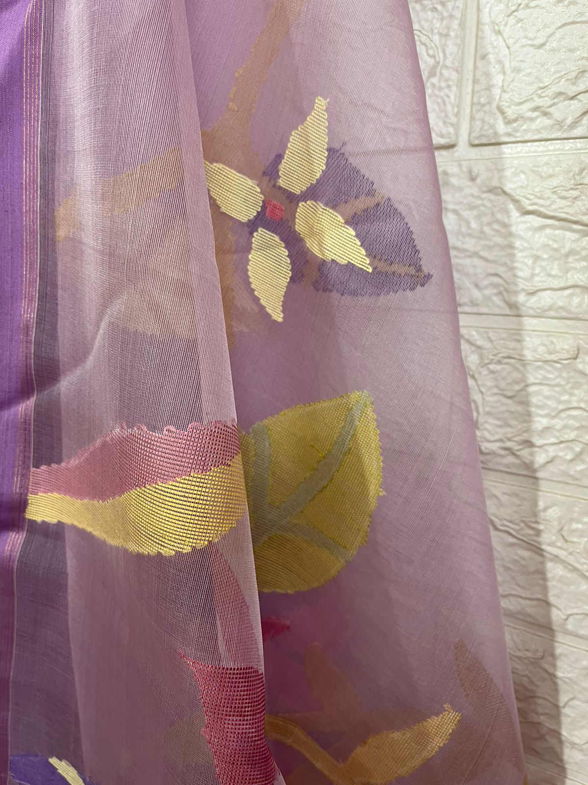 Light Lavender with multi colour allover floral handwoven muslin silk jamdani saree