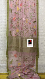 Light pink with green border & multicolour floral allover muslin silk handwoven jamdani saree