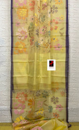 Light yellow with purple border allover seasonal floral handwoven jamdani saree in muslin silk