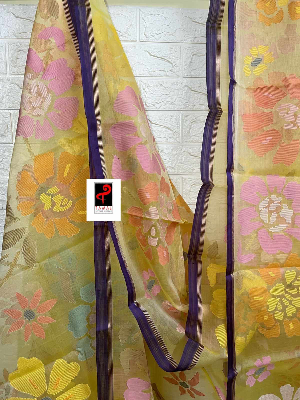 Light yellow with purple border allover seasonal floral handwoven jamdani saree in muslin silk