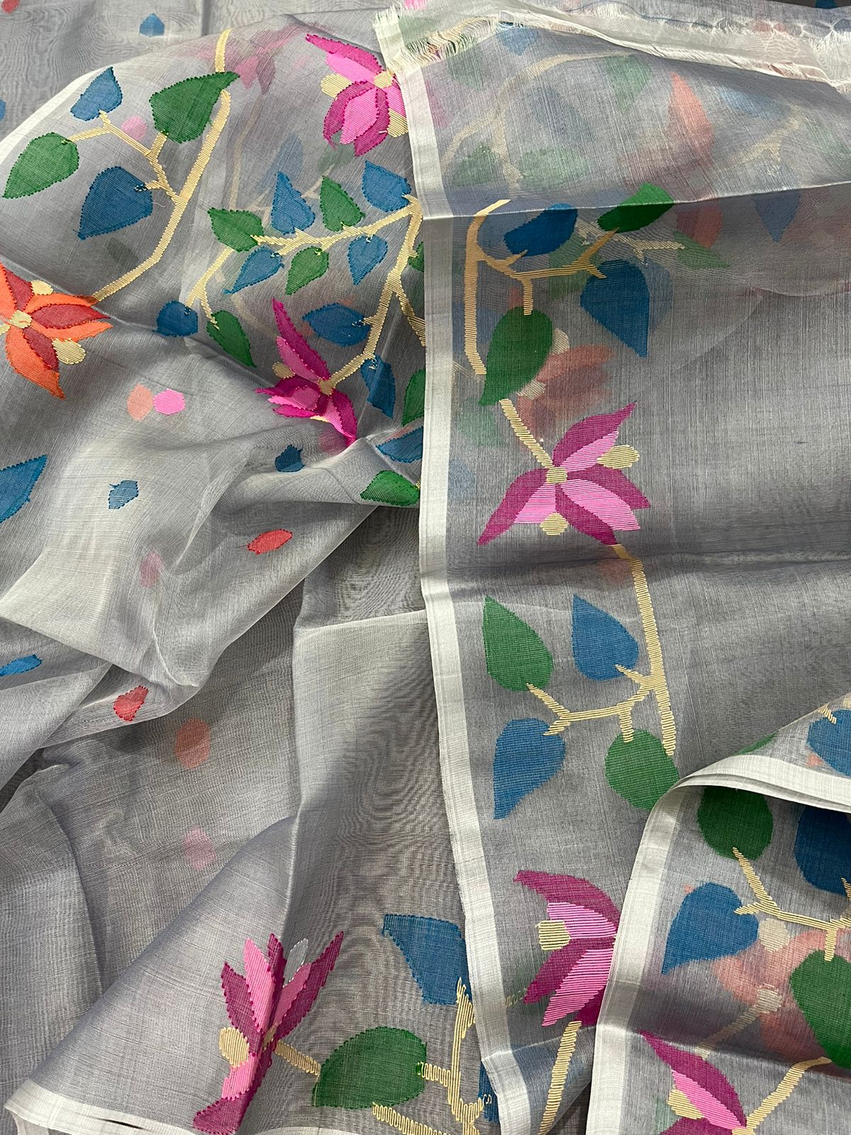 Light ash with multicolour muslin silk handwoven jamdani saree with blouse piece